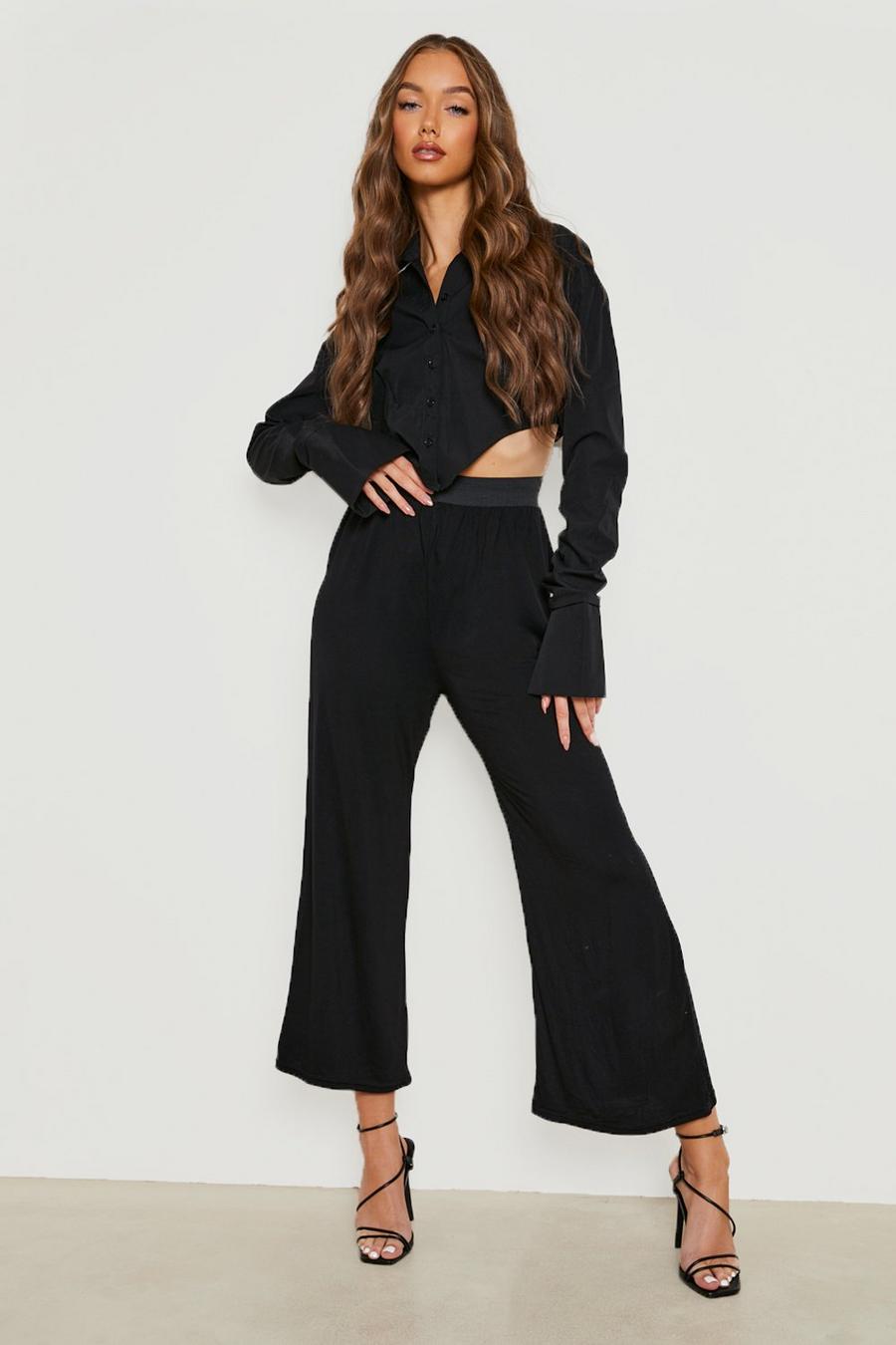 Black Basics High Waisted Jersey Knit Culotte Pants image number 1