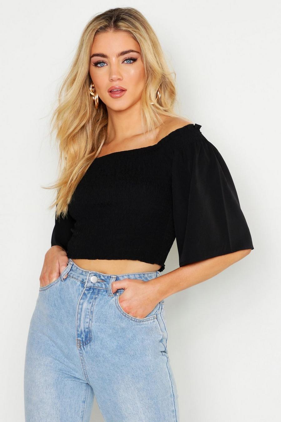 Woven Shirred Blouson Sleeve Crop Top image number 1