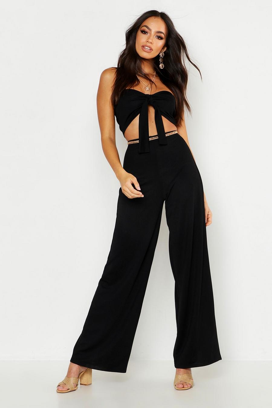 Black Tie Front Bralet And Wide Leg Pants Two-Piece Set image number 1