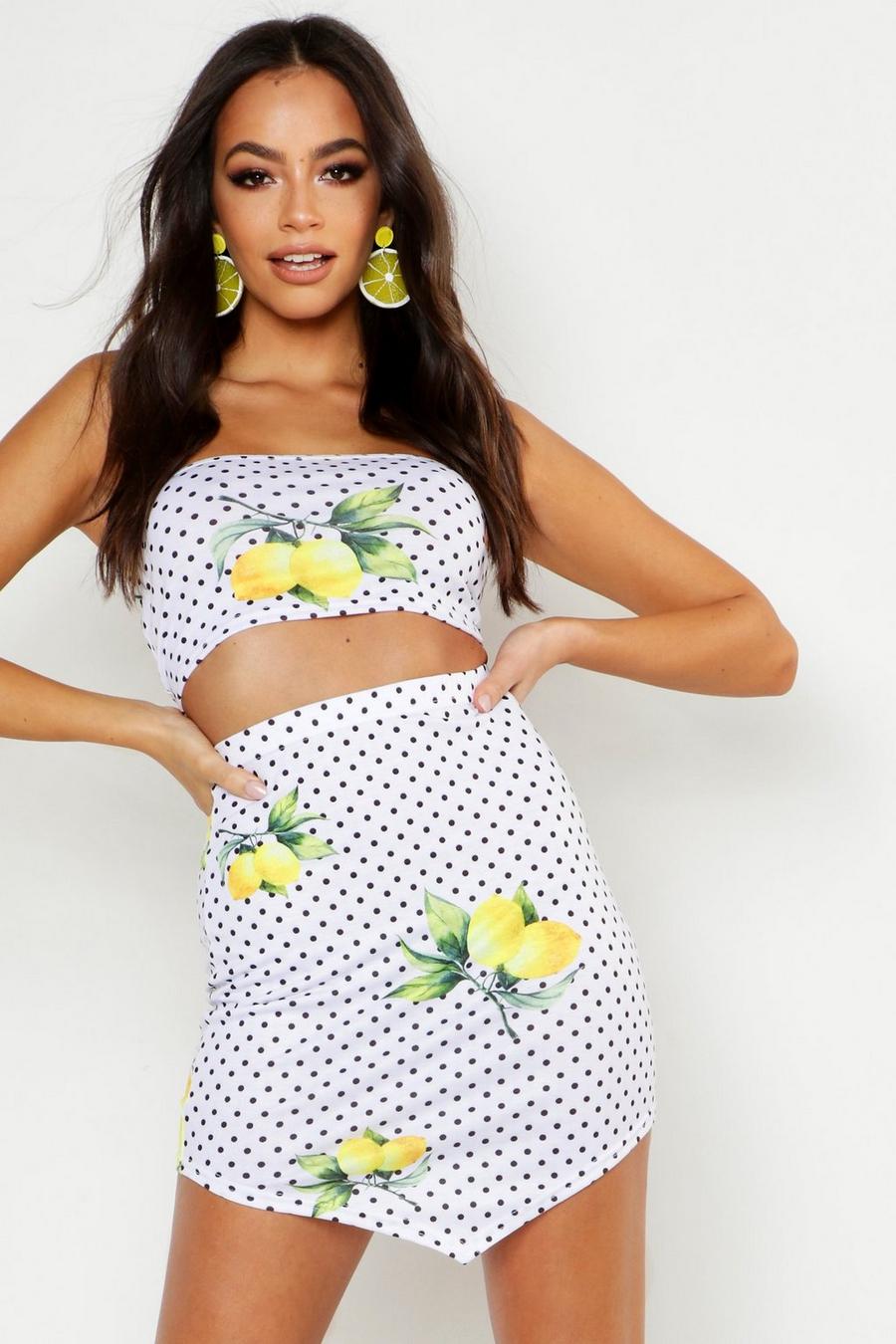 White Polka Dot Fruit Print Asymmetric Skirt & Top Set image number 1