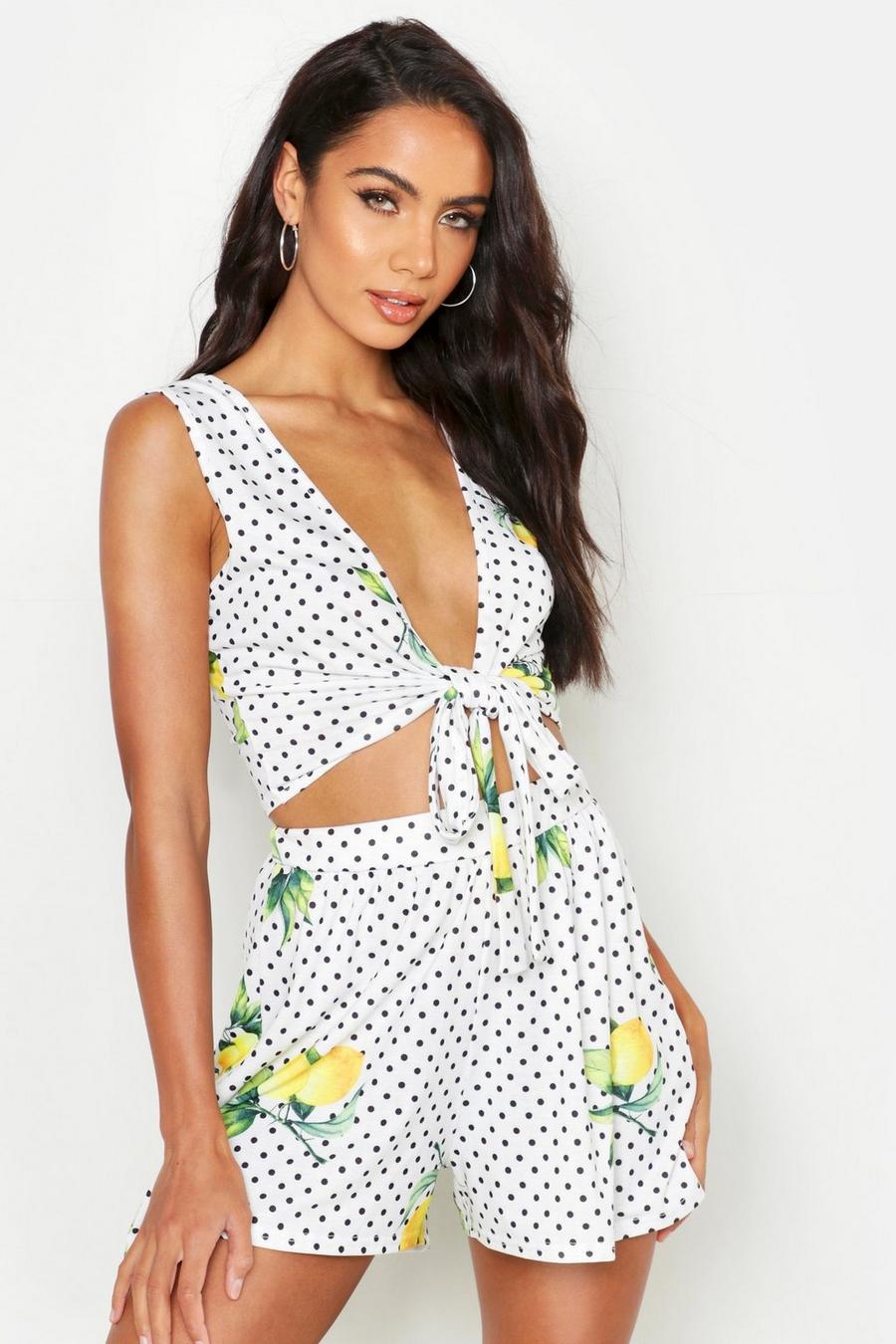 White Fruit Print Tie Front Top And Flippy Short Co-Ord image number 1
