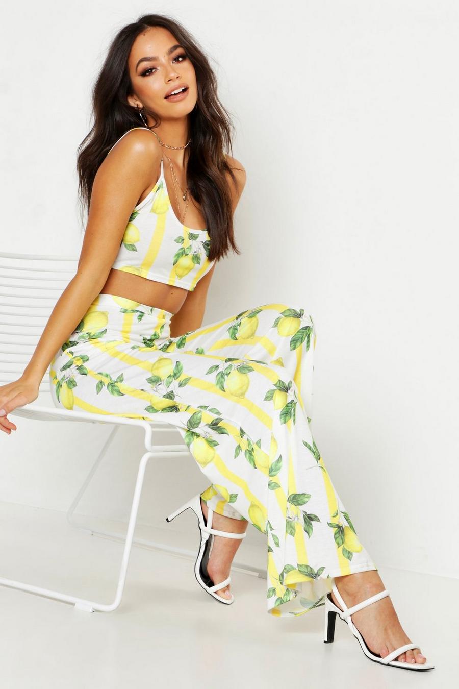 Yellow Fruit Stripe Print Bralet & Wide Leg Trouser Co-Ord image number 1