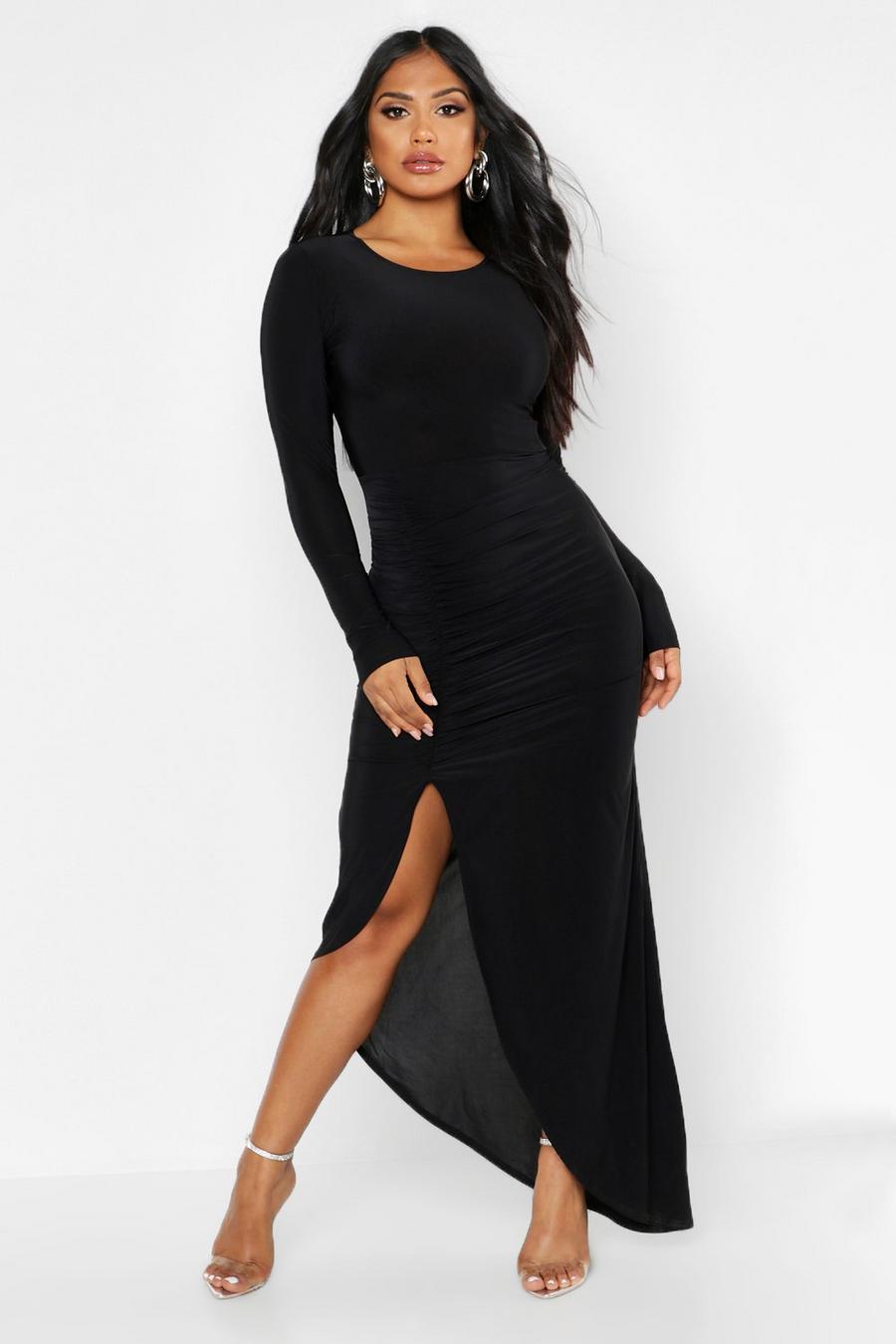 Black Ruched Long Sleeve Maxi Dress