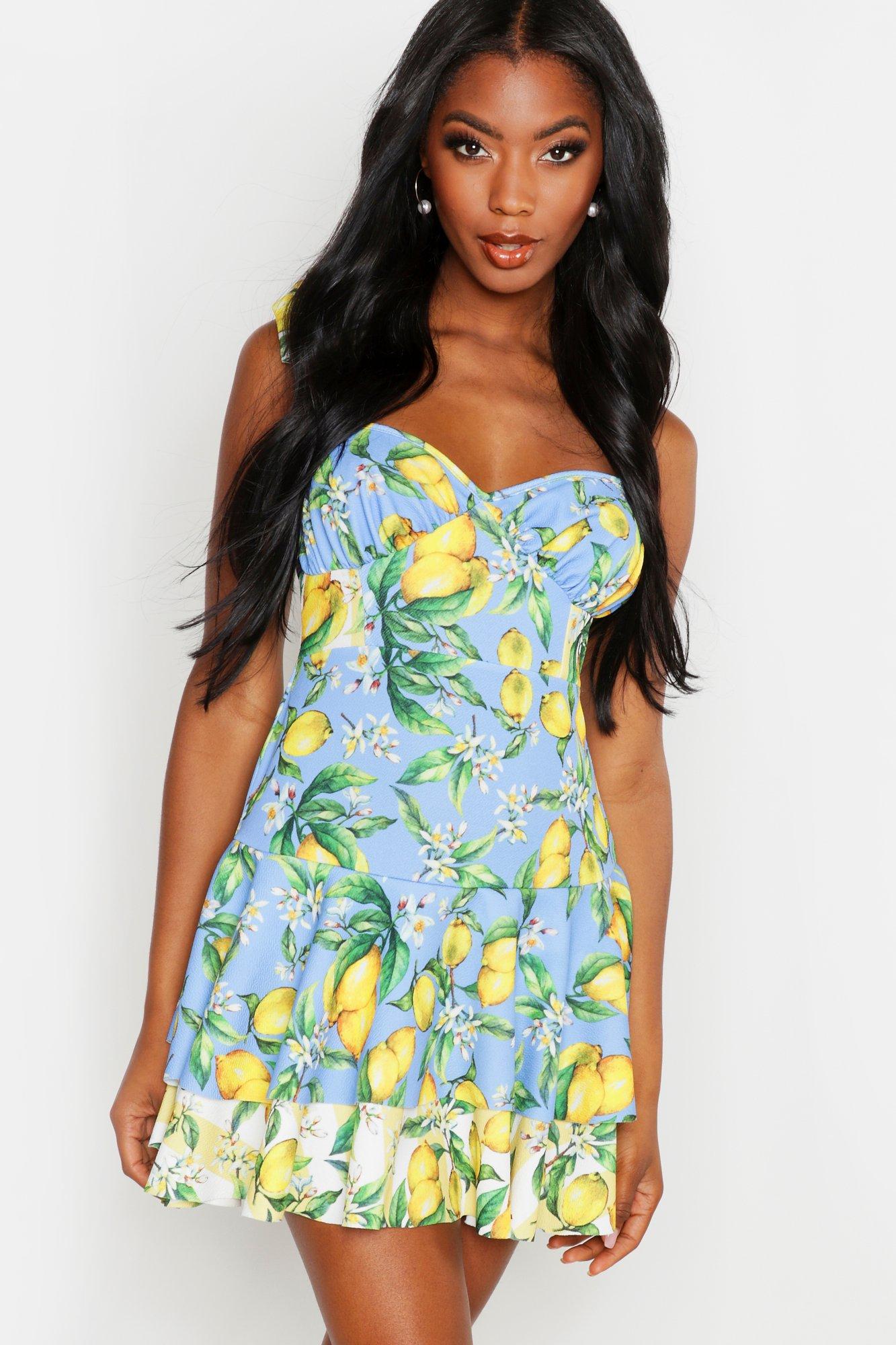 Mix Lemon Print Tie Strap Ruffle Skater Dress