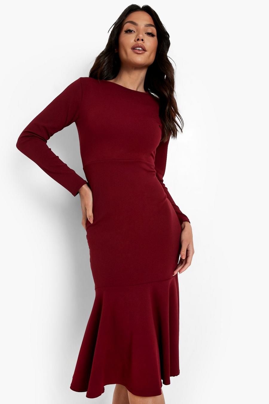 Berry red Fishtail Long Sleeve Midaxi Dress