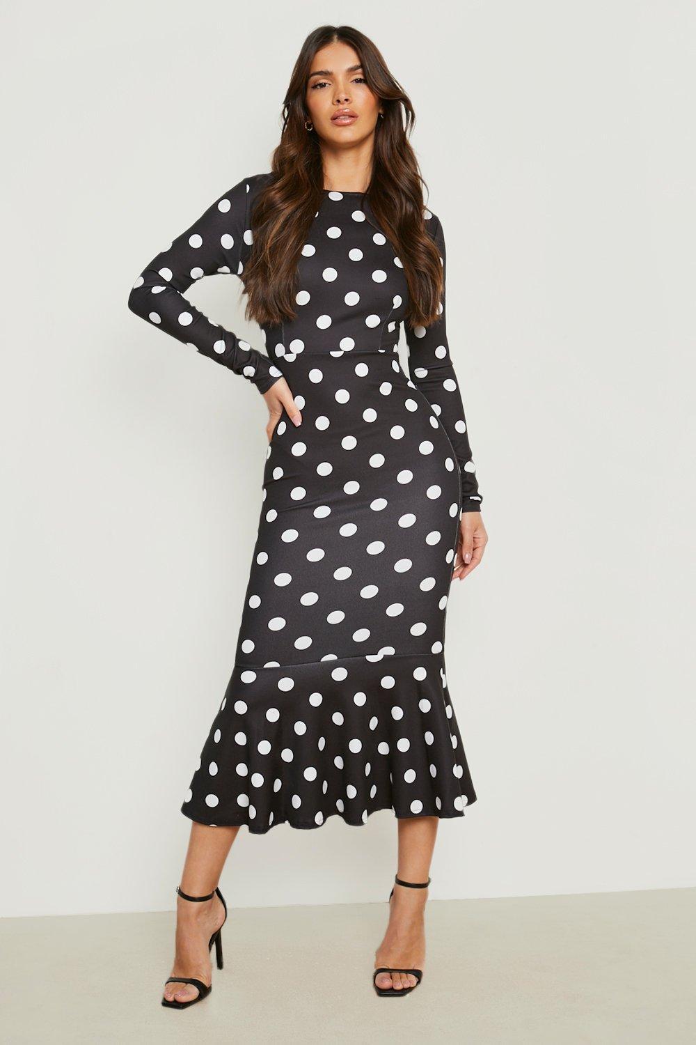 long white dress with black polka dots