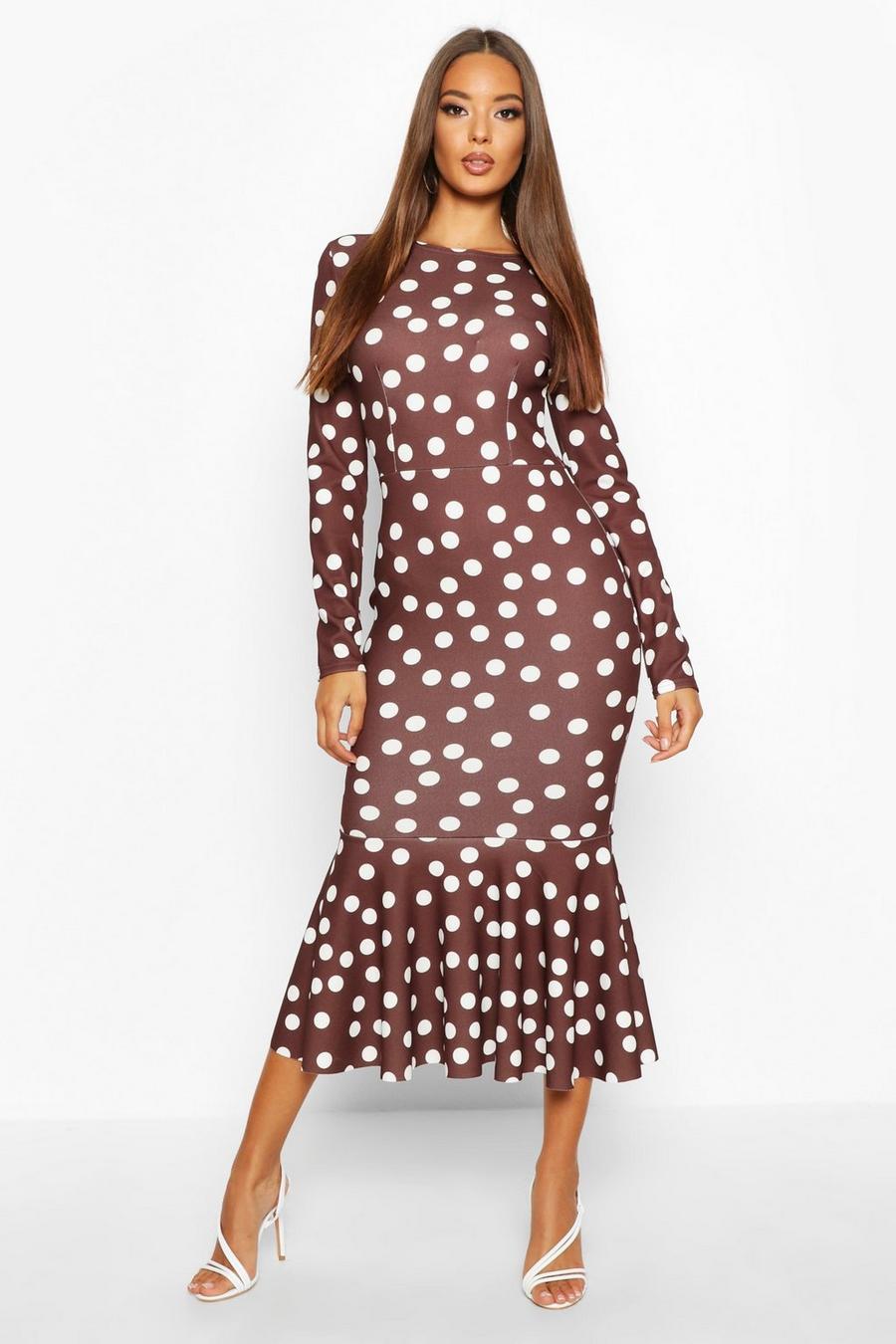 Chocolate Polka Dot Fishtail Long Sleeved Midaxi Dress image number 1