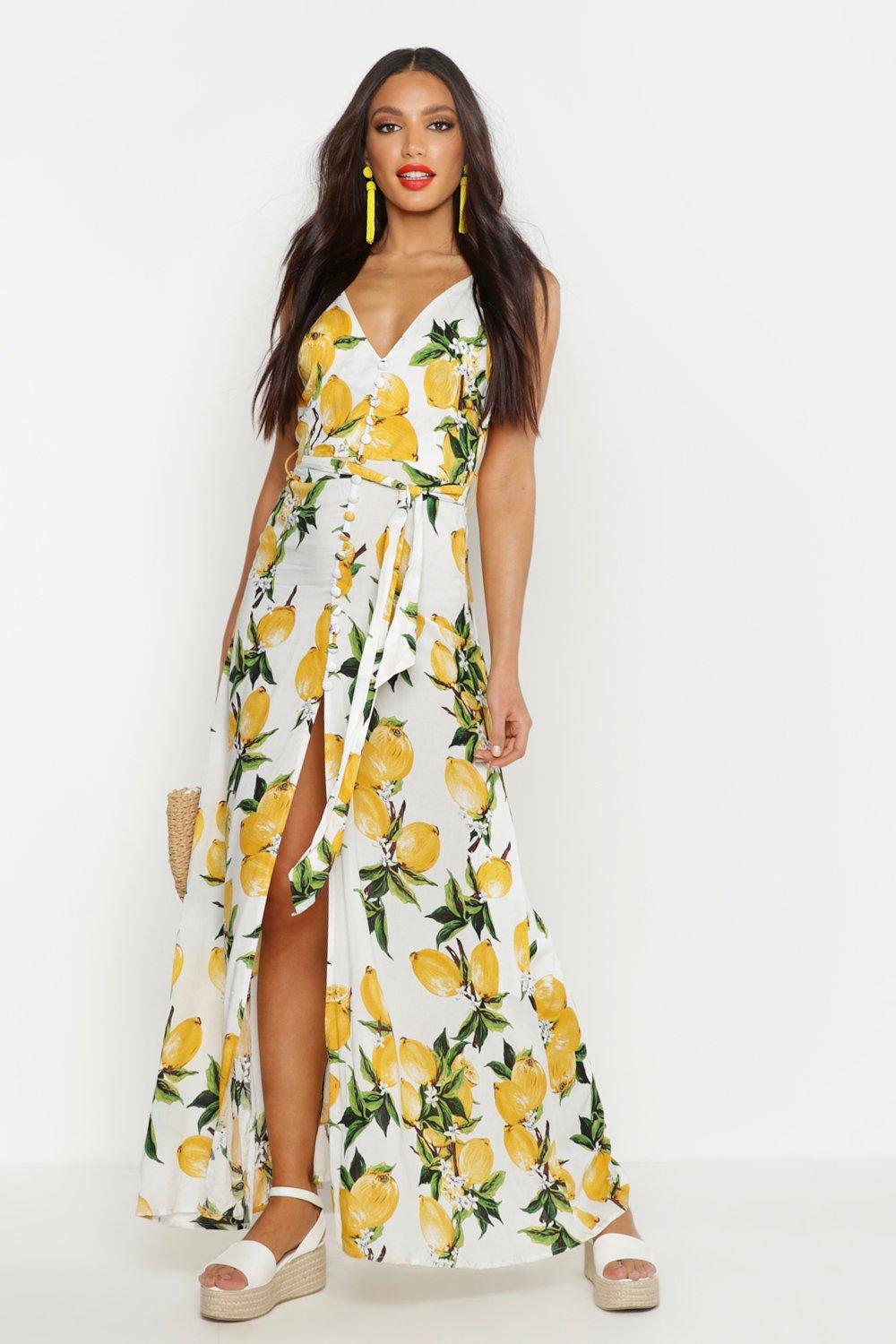 Robe maxi boutons et imprim citron boohoo