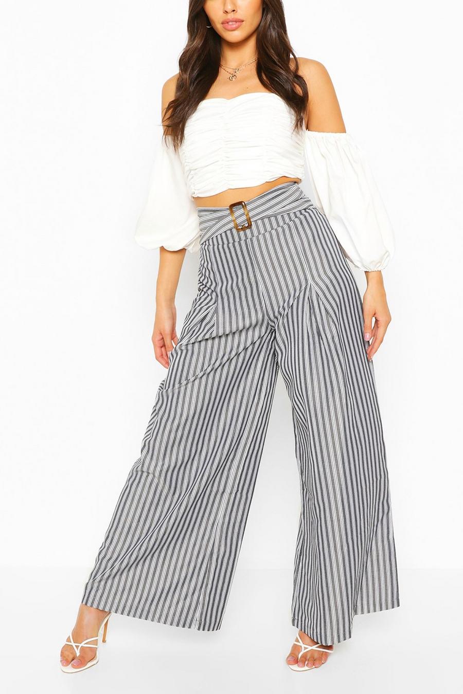 Belted Woven Stripe High Waist Pants image number 1