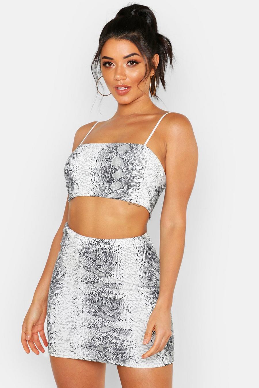 Grey Snake Print Strappy Top & Mini Skirt Co-Ord Set image number 1