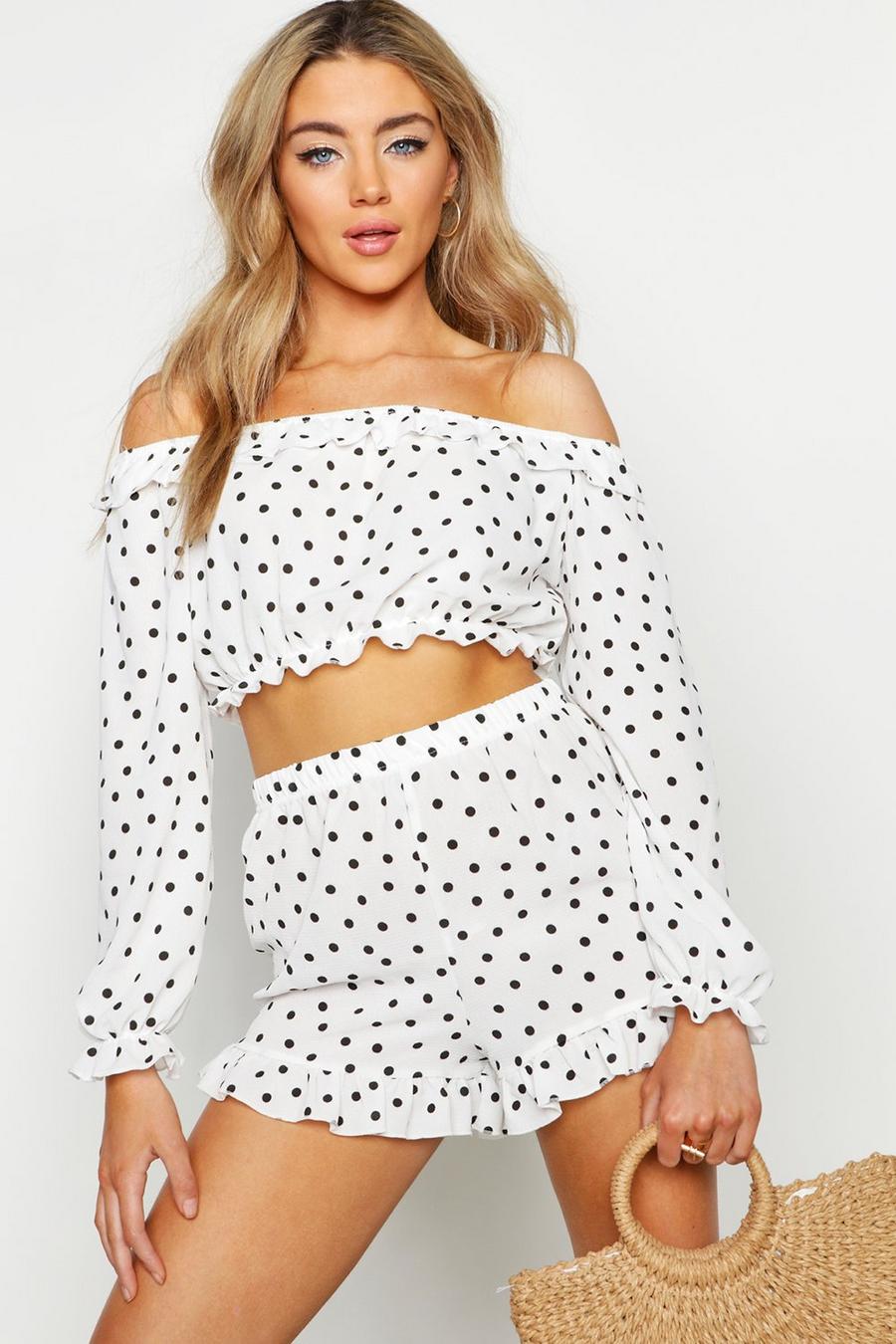 White Polka Dot Off The Shoulder Ruffle Top & Short Two-Piece Set image number 1