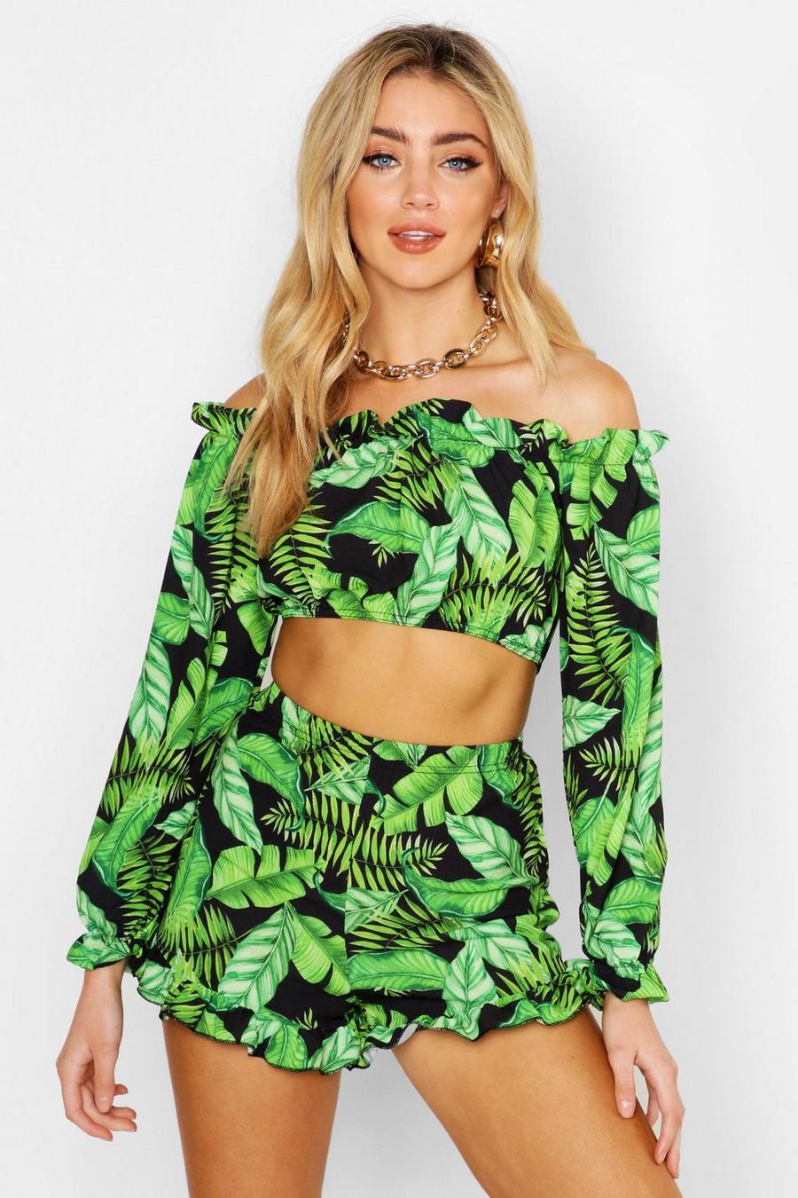 Tropical Print Off The Shoulder Top & Ruffle Short Two-Piece image number 1