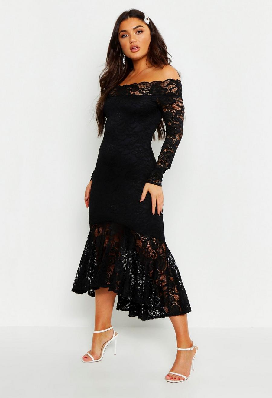 Black Off The Shoulder Lace Fishtail Midi Dress image number 1
