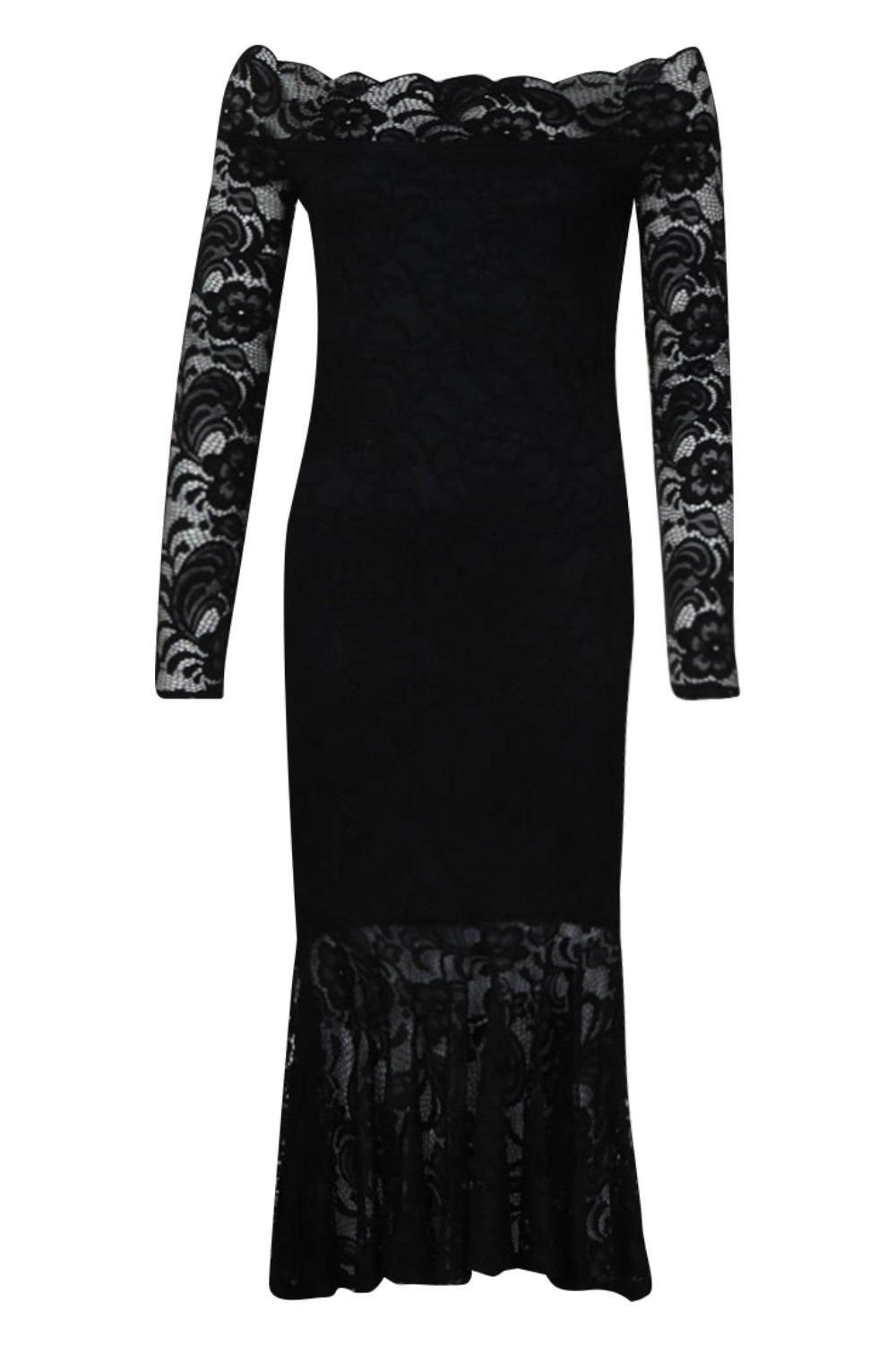 Off The Shoulder Lace Fishtail Midi Dress | boohoo Off The Shoulder Lace Fishtail Midi Dress | boohoo