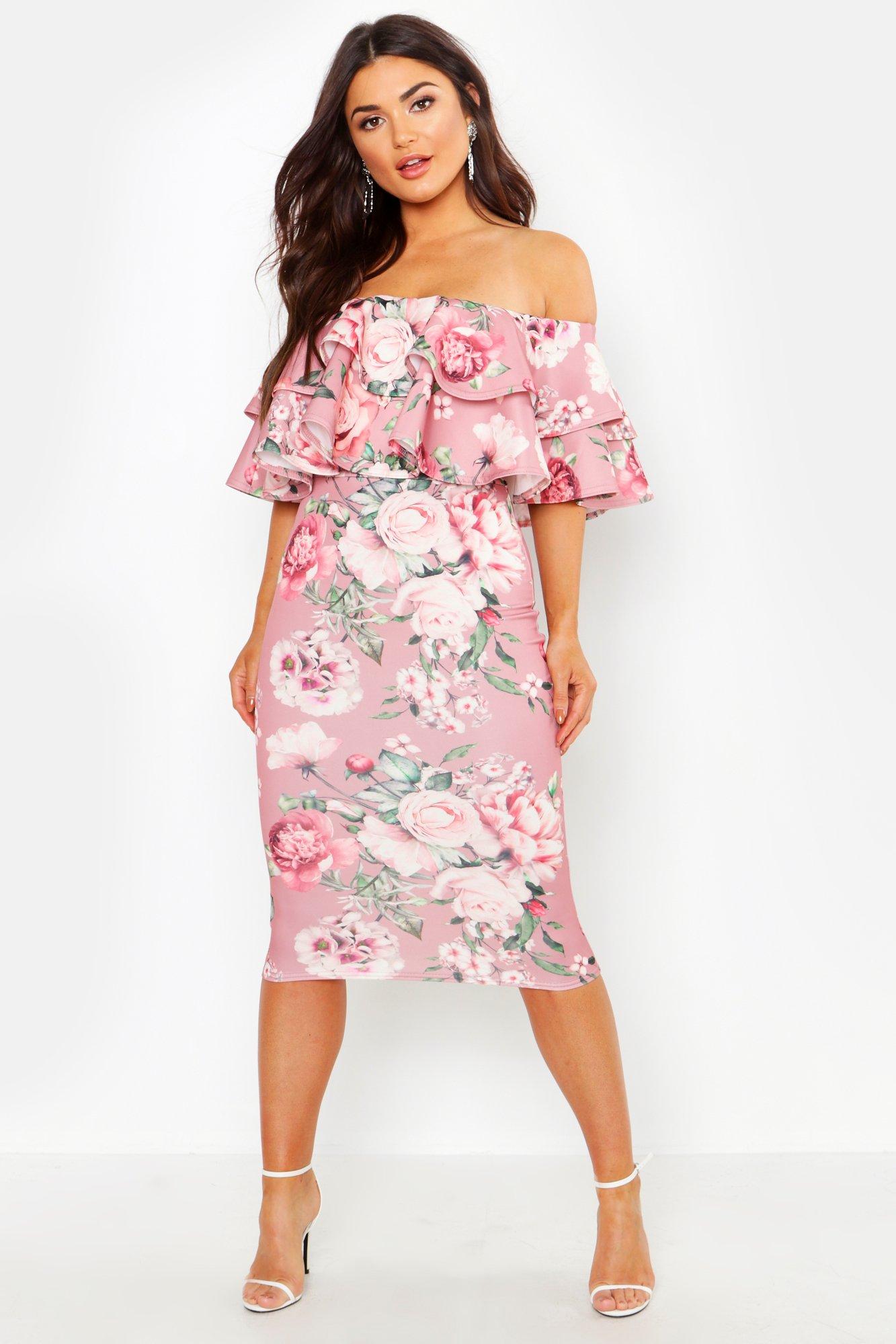 one shoulder ruffle midi dress