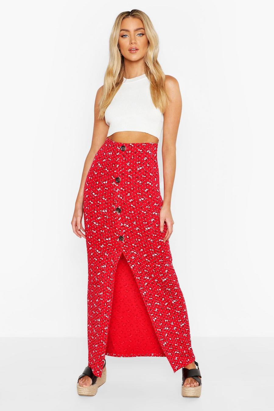 Red rojo Floral Ditsy Button Through Skirt image number 1