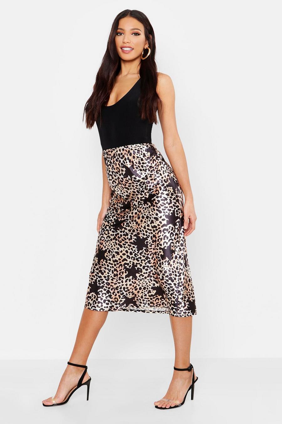 Satin Leopard Star Print Bias Cut Midi Skirt image number 1