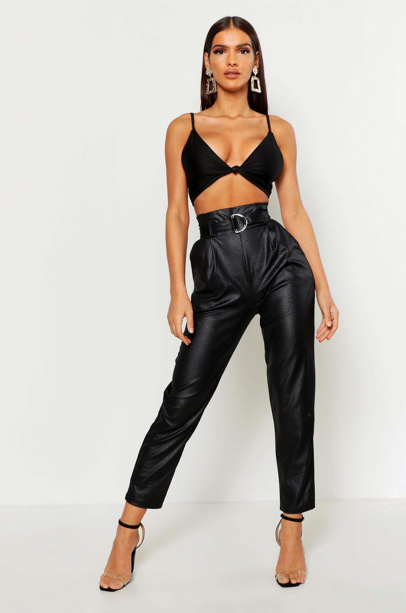 Faux Leather Belted High Waist Pants 