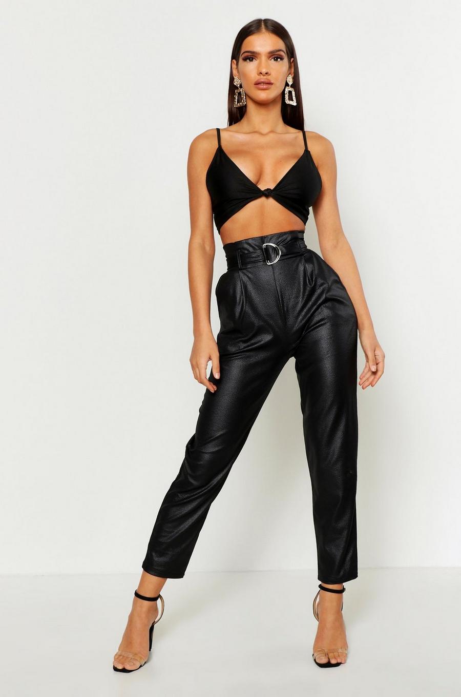 Black Leather Look Belted High Waist Trousers image number 1