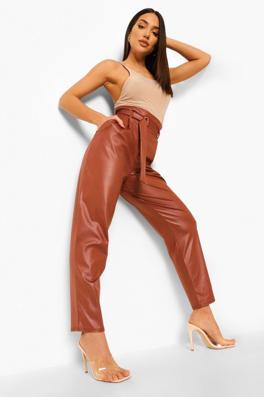 Chocolate Leather Look Belted High Waist Pants image number 1