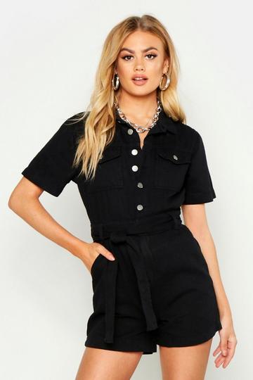 Tie Waist Denim Romper black