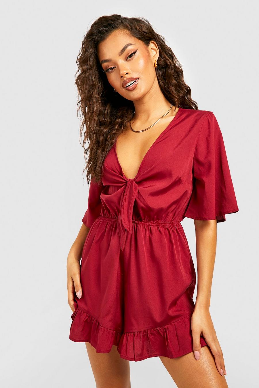 Berry Ruffle Hem Knot Front Playsuit image number 1