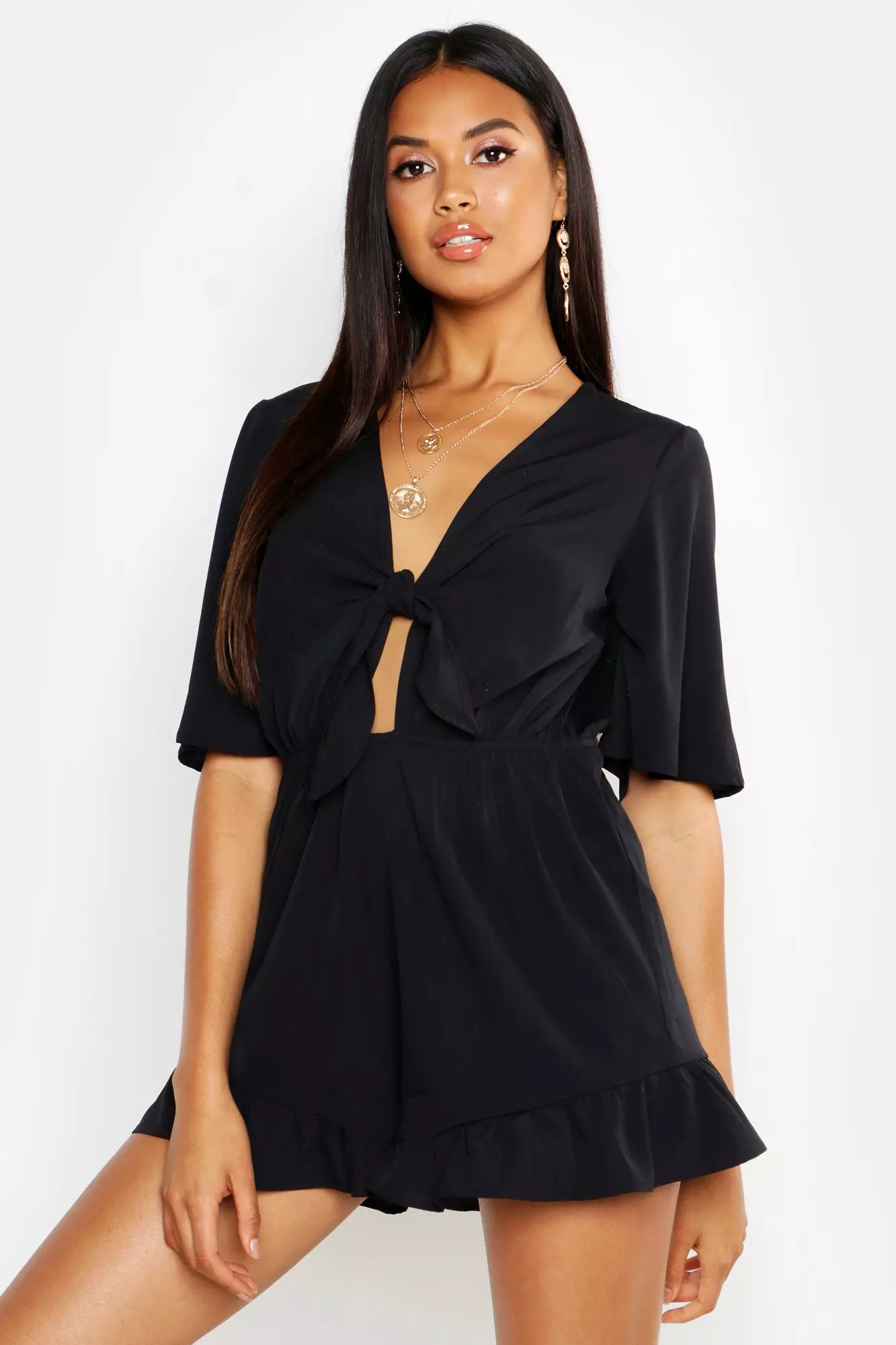 Black Ruffle Hem Knot Front Playsuit alternative image
