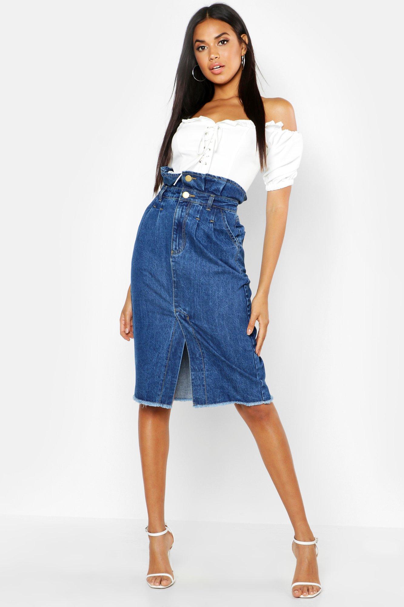 paperbag denim midi skirt