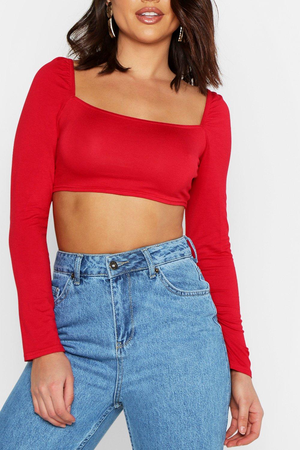 Basic Square Neck Long Sleeve Crop Top