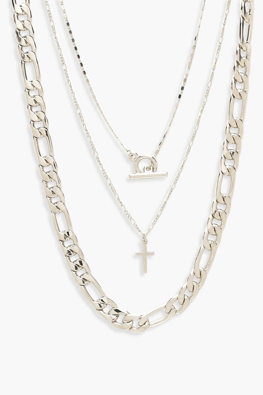 Silver argent Chunky Chain & T-Bar Layered Necklace