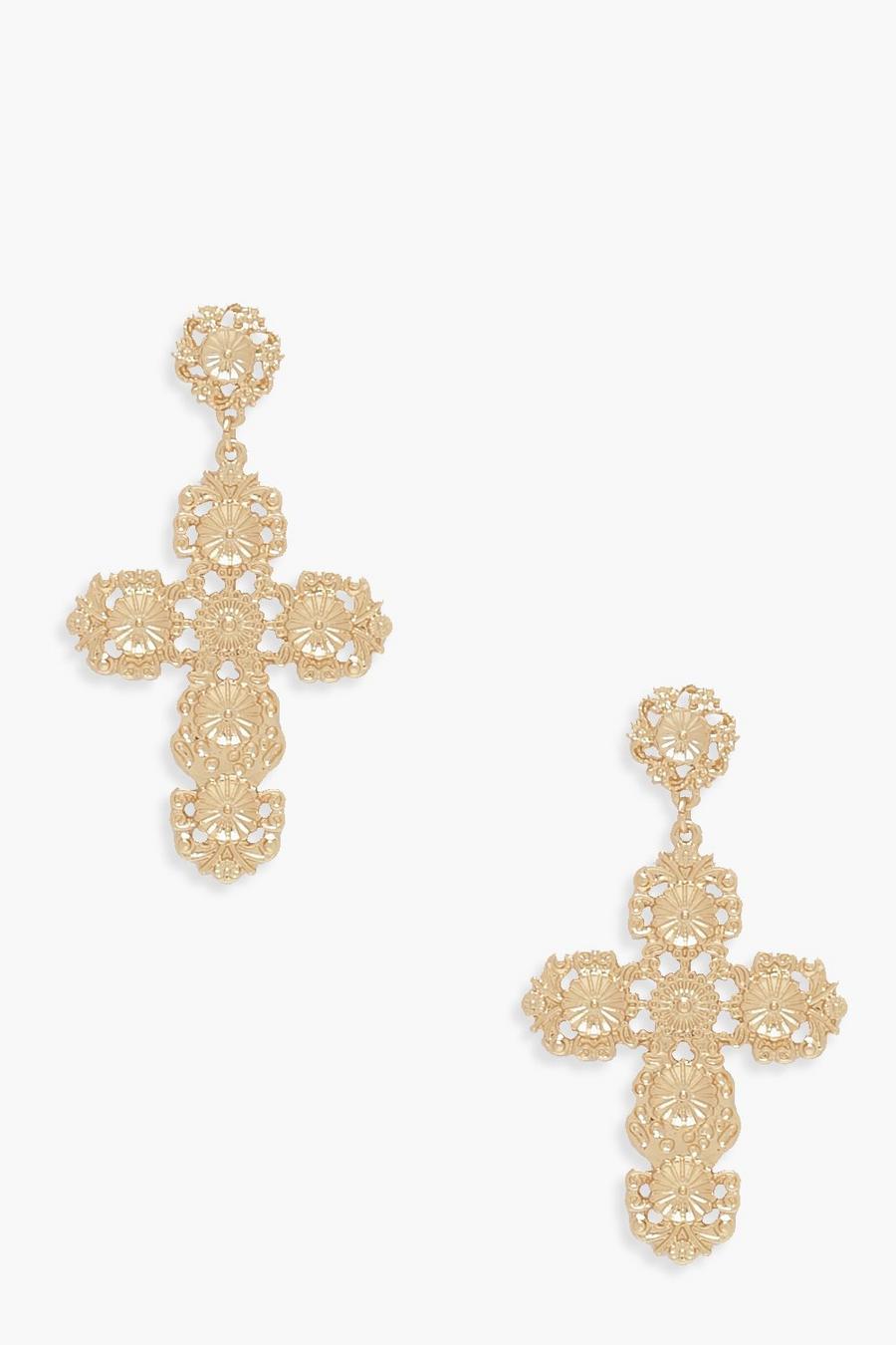 Gold Ornate Cross Statement Earrings image number 1