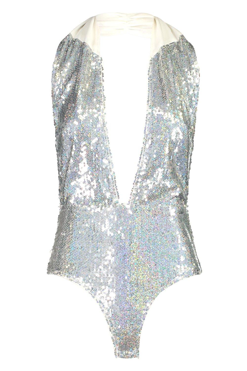 Silver Sequin Plunge Bodysuit