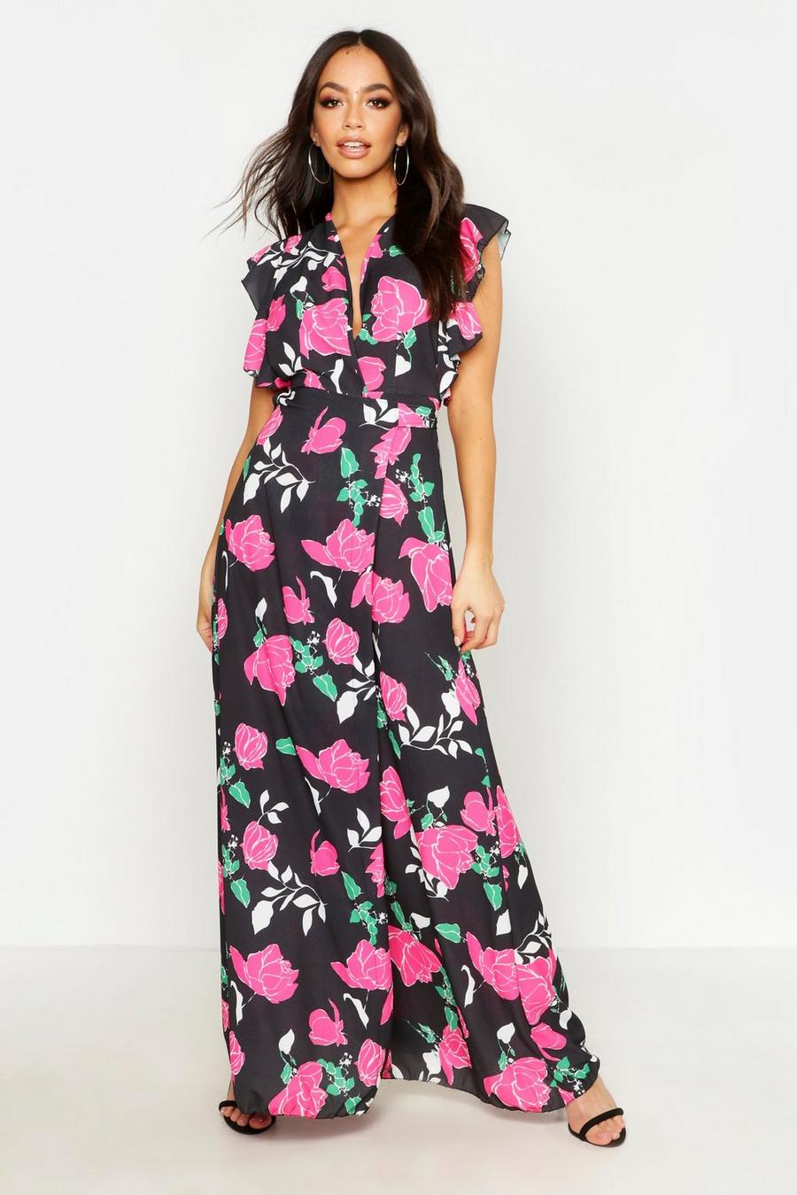 Woven Rose Print Flutter Sleeve Maxi Dress image number 1