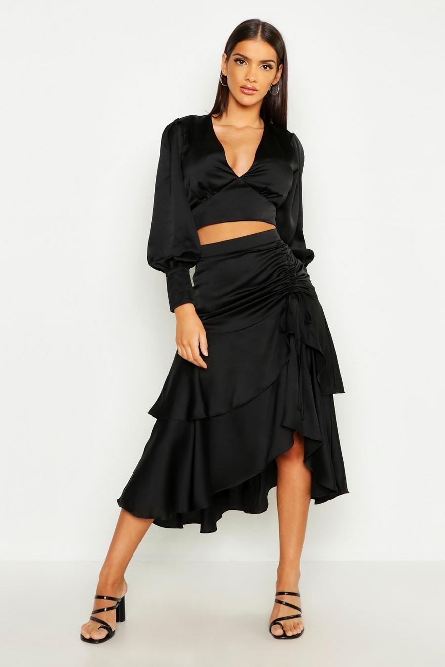 Falda midi fruncida con doble capa, Negro image number 1
