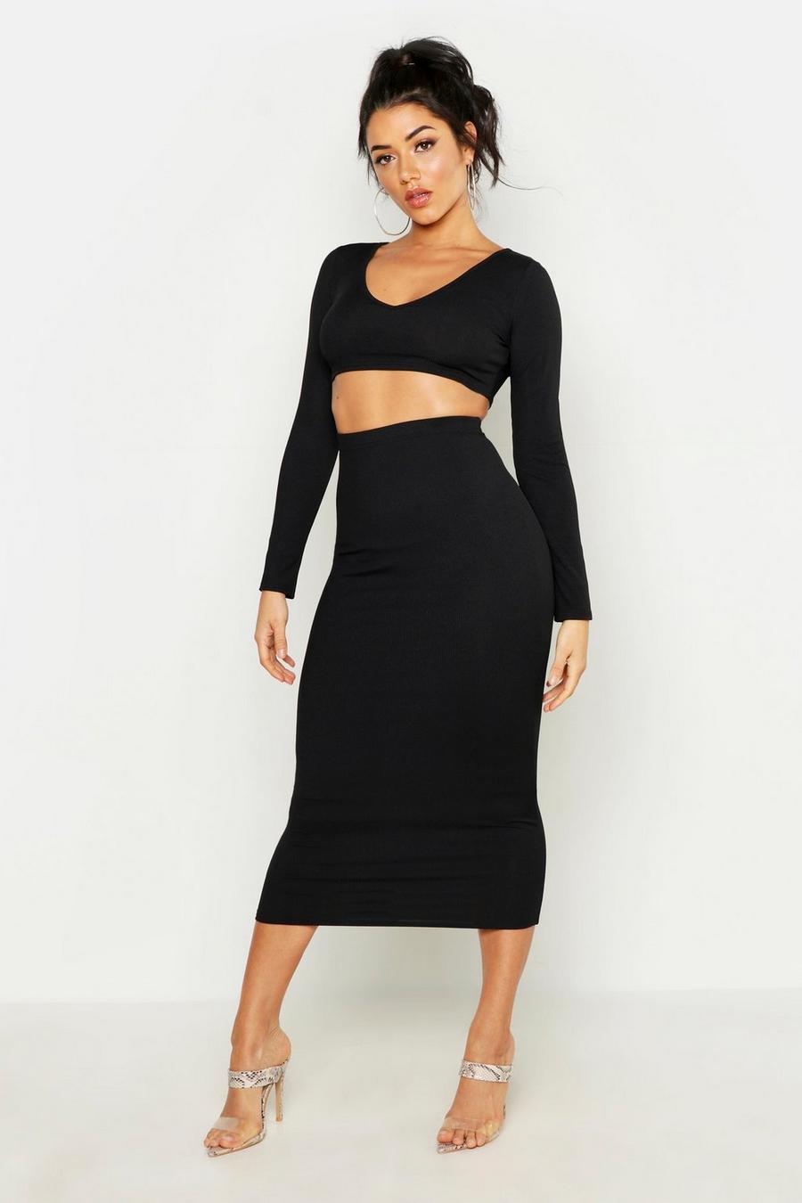 Black Long Sleeve Crop And Midi Skirt Rib Two-Piece Set image number 1