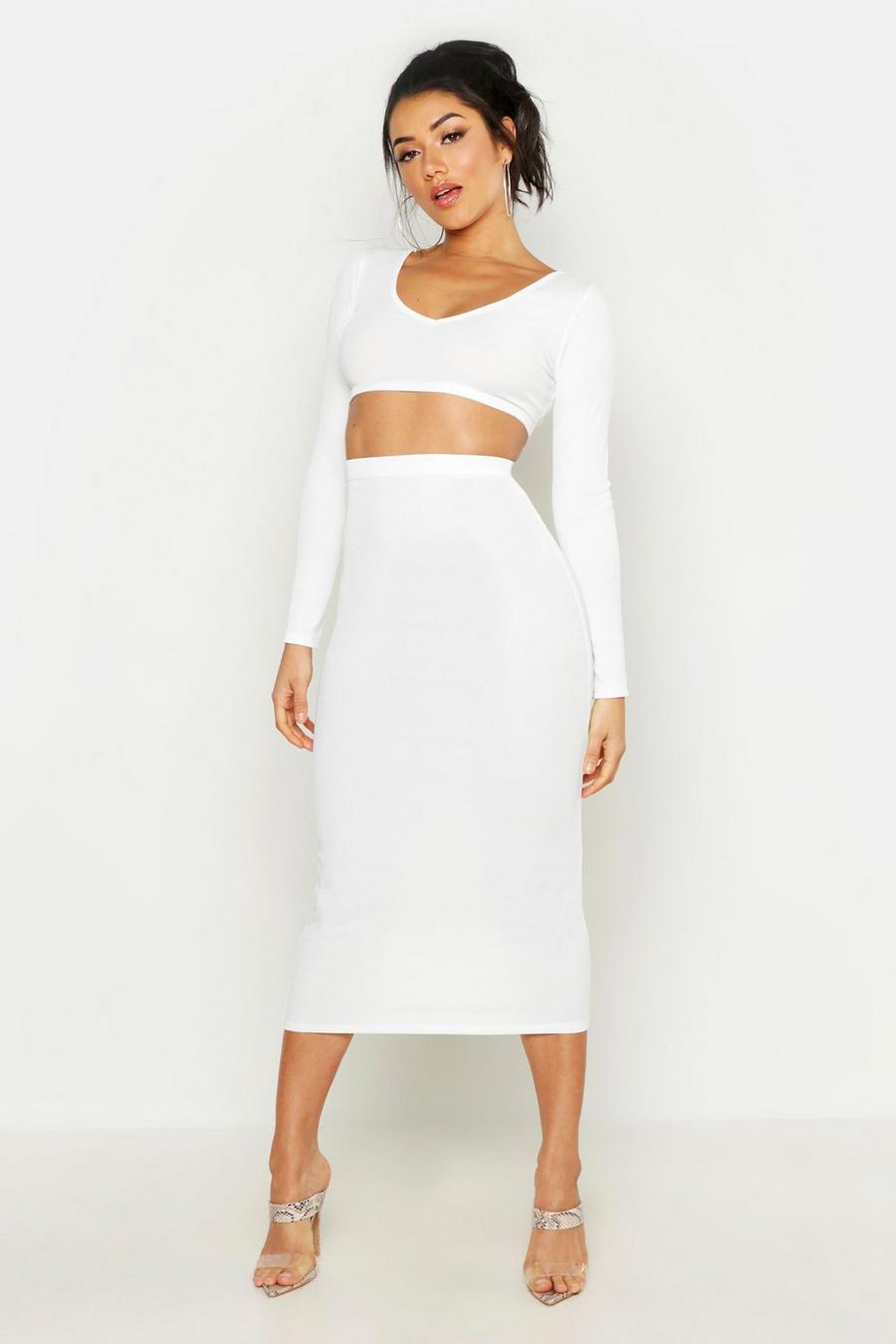 Ivory white Long Sleeve Crop And Midaxi Skirt Rib Co-Ord Set image number 1