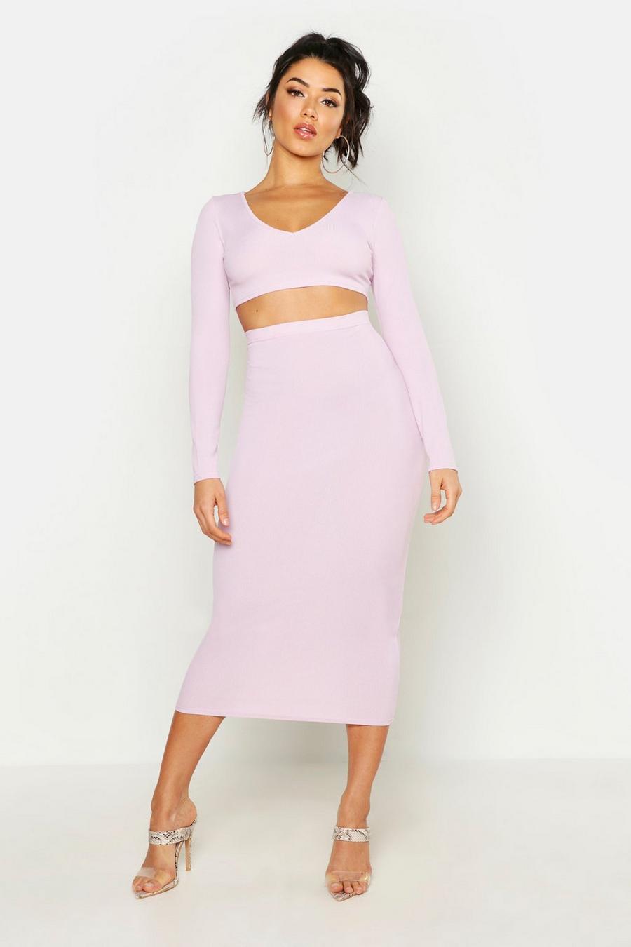 Lilac Long Sleeve Crop And Midi Skirt Rib Two-Piece Set image number 1