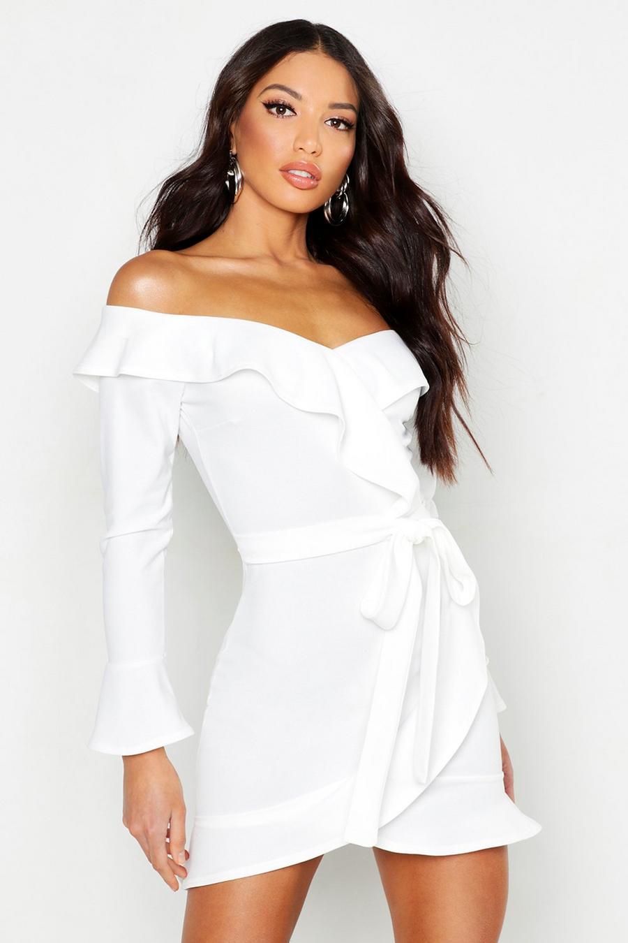 White Off The Shoulder Ruffle Tie Waist Skater Dress image number 1