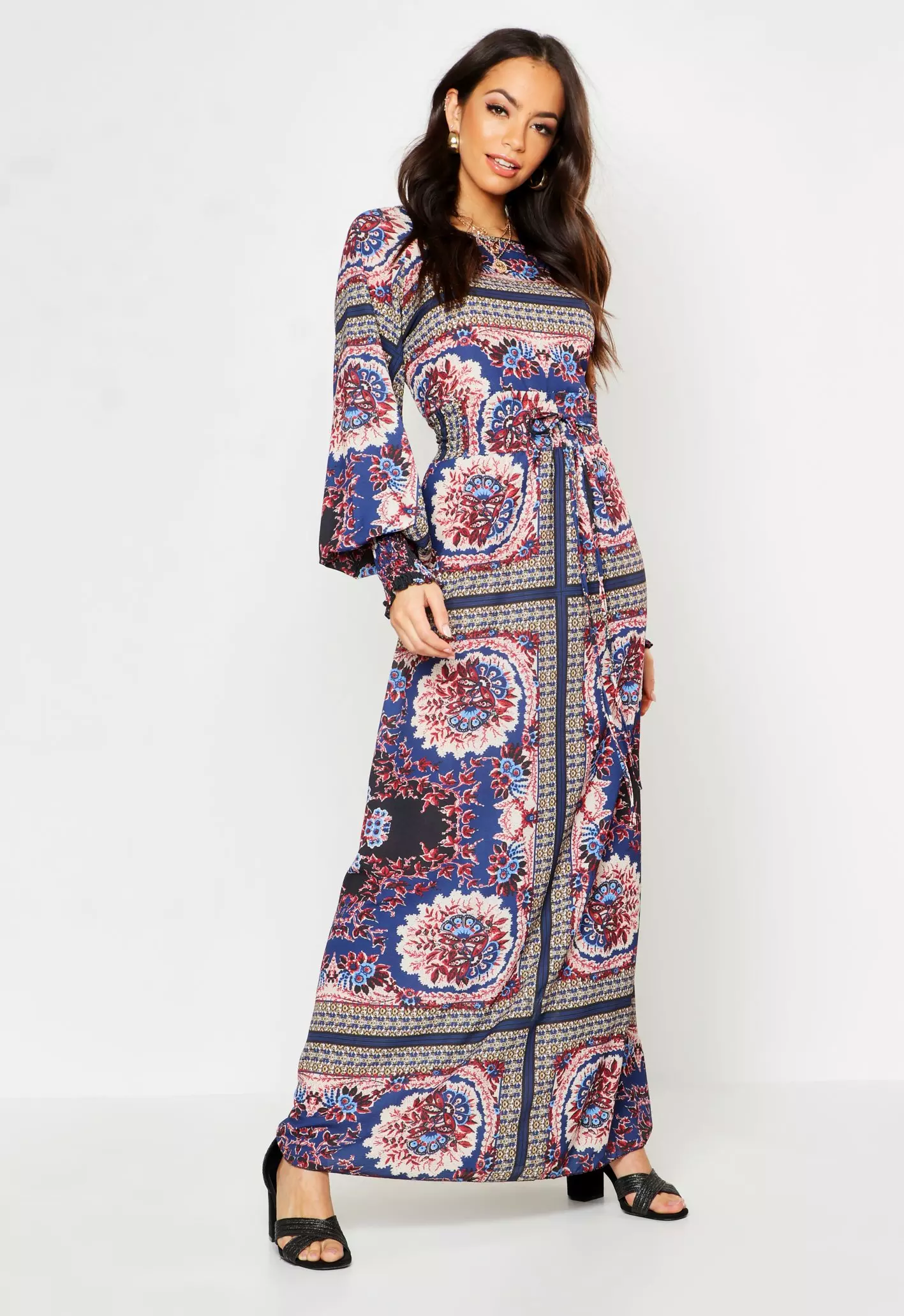 Shirred waist scarf print clearance maxi dress