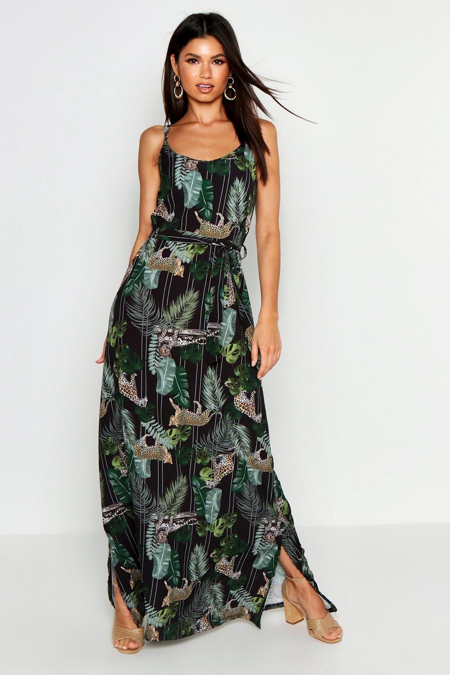 Black svart Woven Palm Leopard Strappy Maxi Dress image number 1