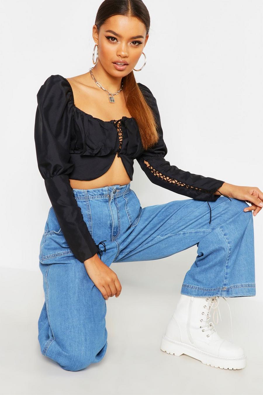 Women's Lace Up Front + Sleeve Peasant Blouse | Boohoo UK