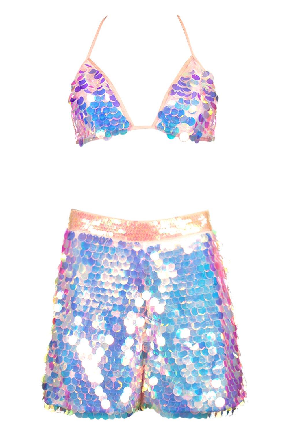 PrettyLittleThing festival sequin bralet co-ord in iridescent