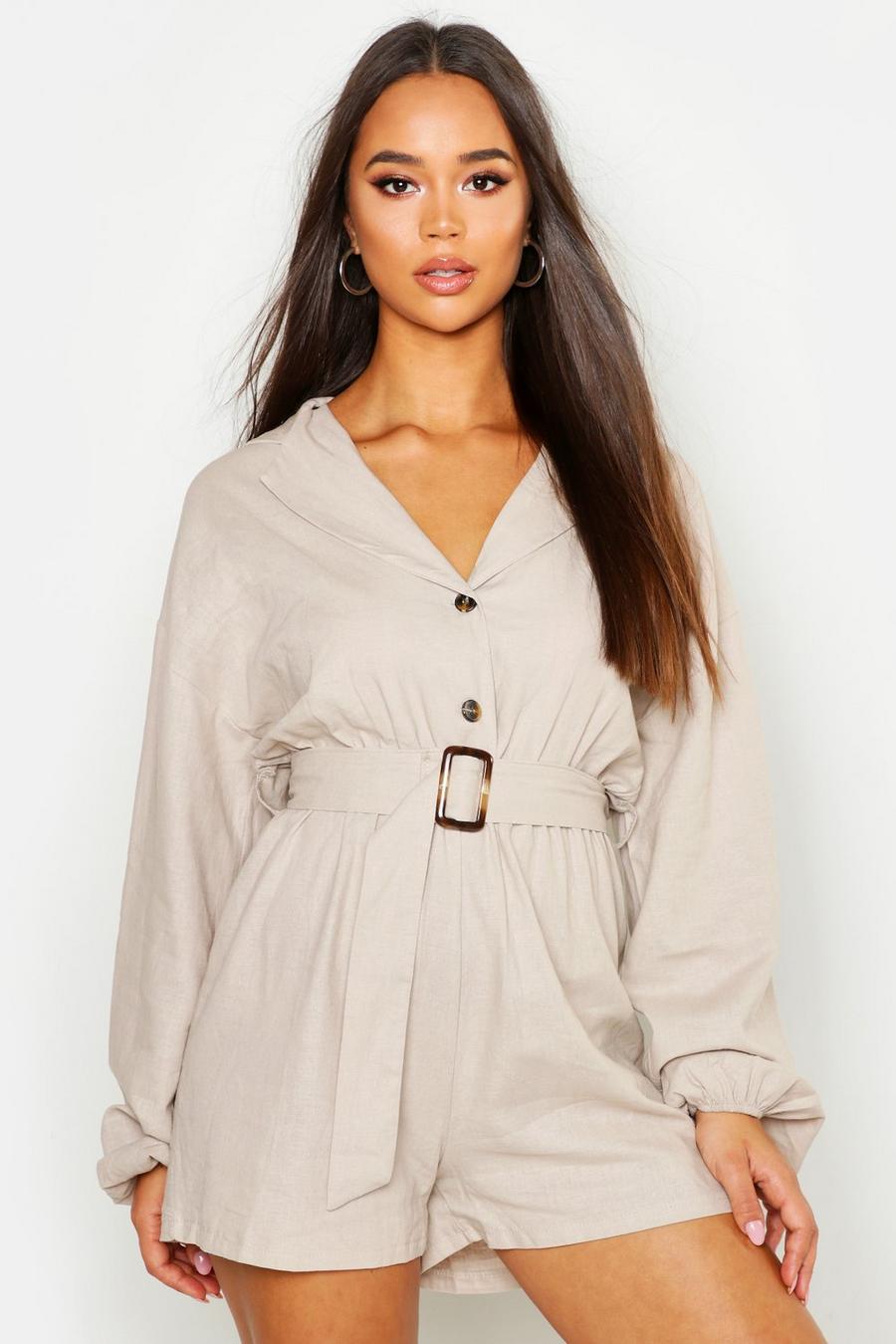 Linen Button Detail Belted Playsuit image number 1