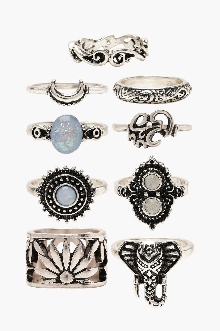 Silver Blue Stone Boho 9 Ring Pack image number 1