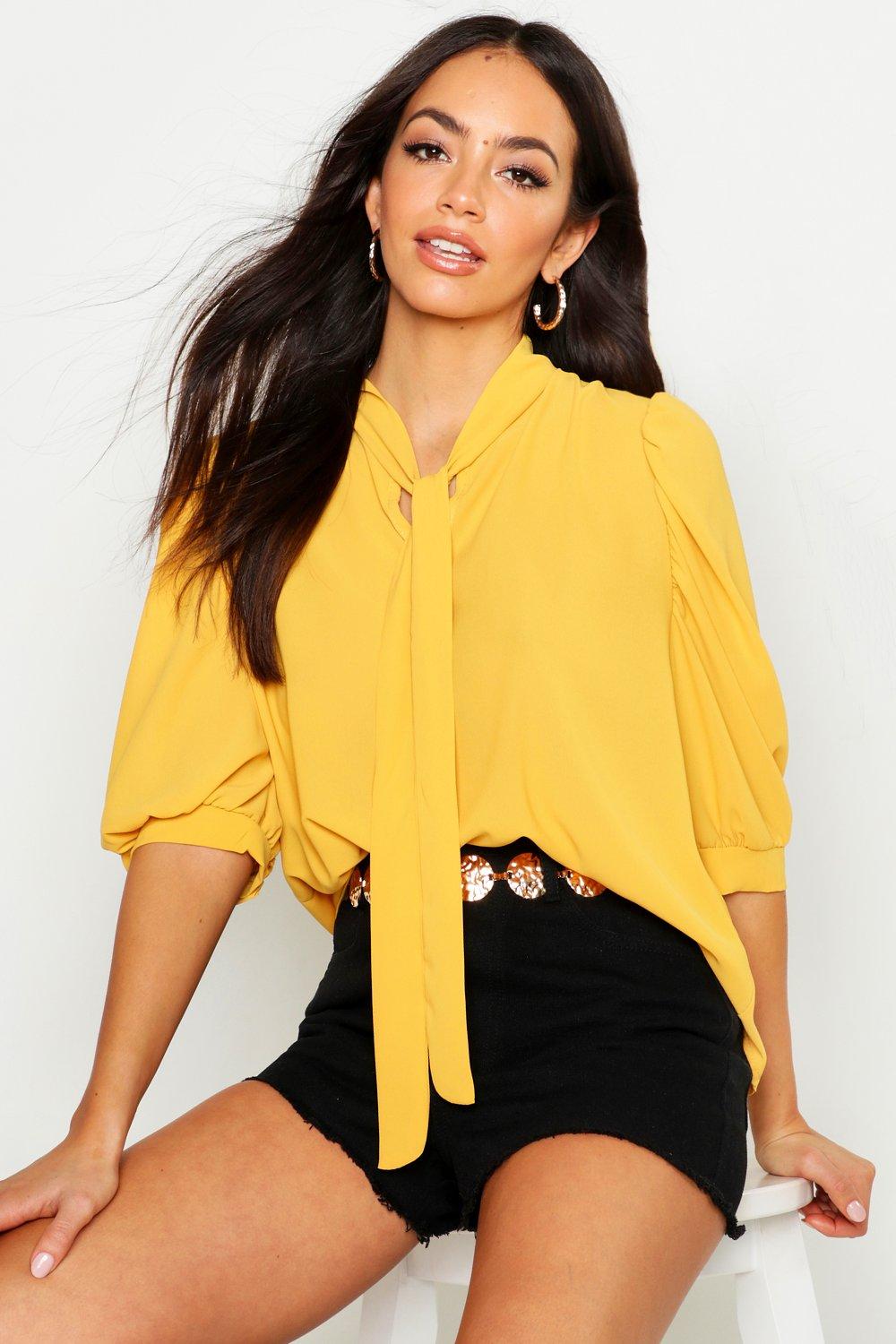 Yellow cheap pussybow blouse