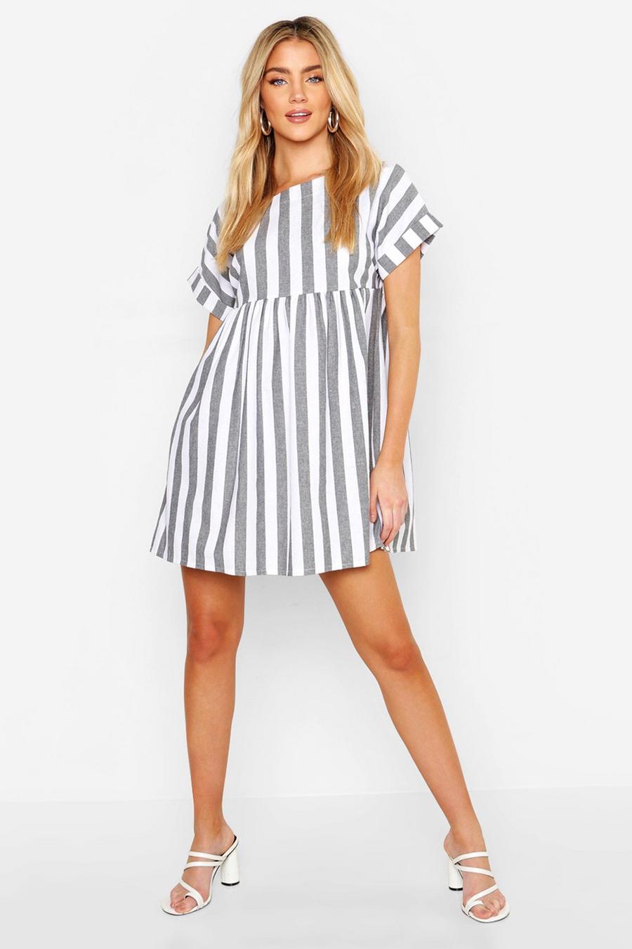 Grey Linen Look Stripe Smock Dress image number 1