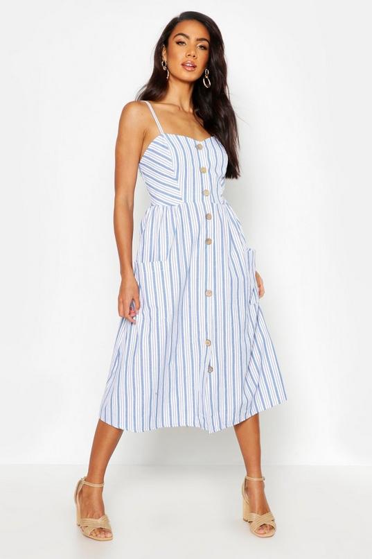 Women's Stripe Button Through Linen Midi Dress | Boohoo UK