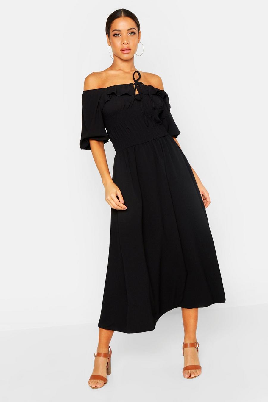 Zwart Maxi-jurk met gesmokte taille en blote schouder image number 1