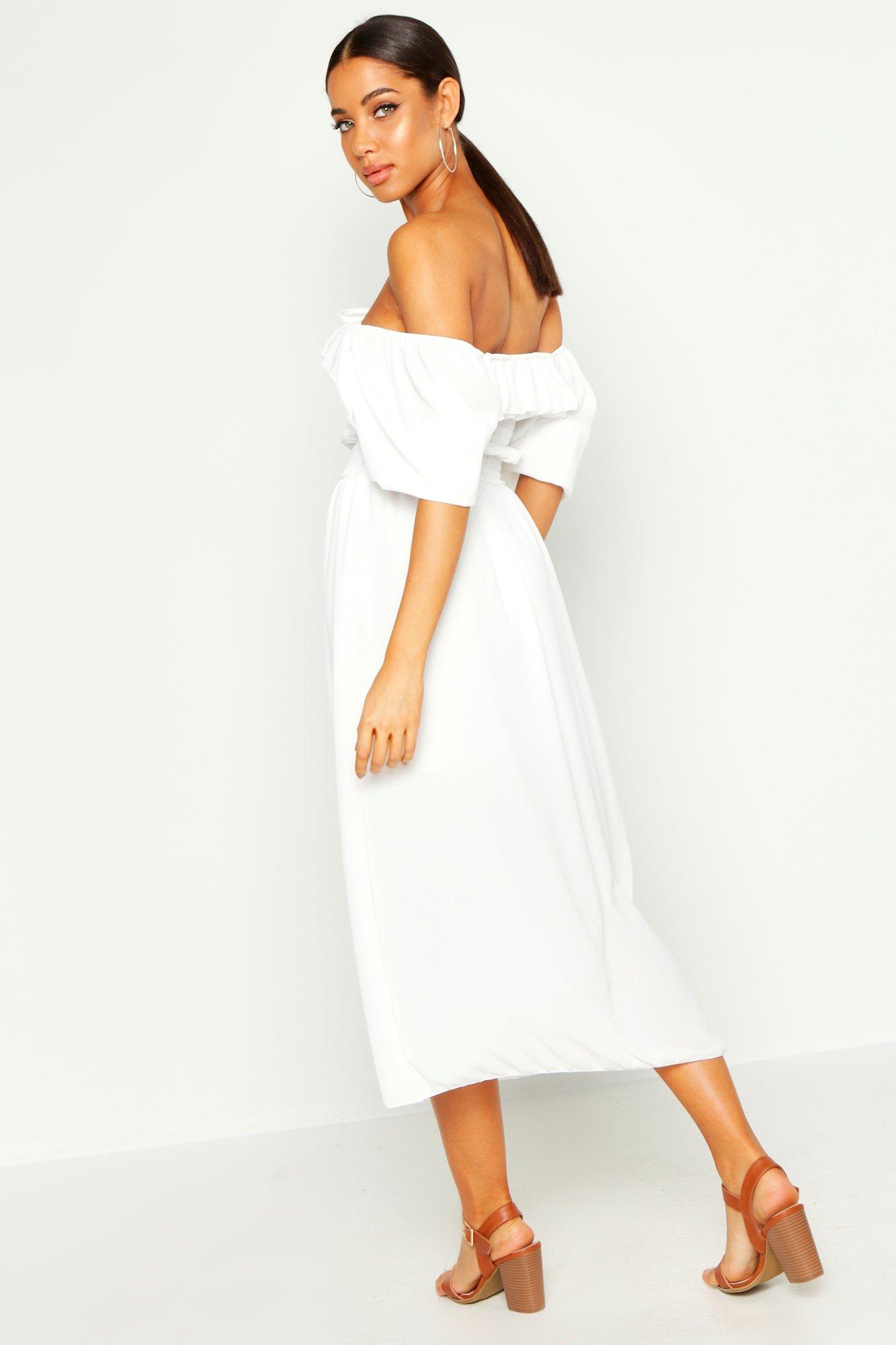 Smocked off the hot sale shoulder midi dress