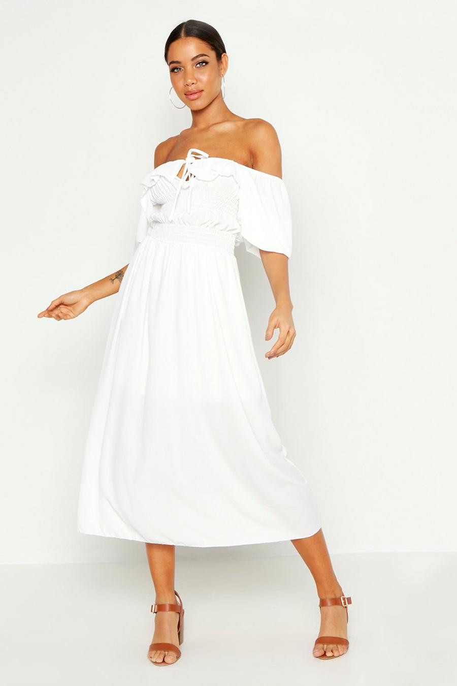 White Off Shoulder Smocked Waist Maxi Dress image number 1
